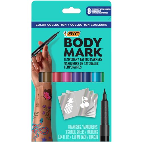 BodyMark Temporary Tattoo Markers, 8-Count Color Collection, Skin-Safe & Cosmetic Quality, Cruelty-Free, Long-Lasting, Flexible Brush Tip, Stencils In - imagen 4