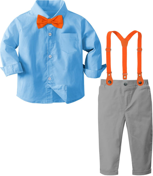 A&J DESIGN Boys Gentleman Formal Outfit Toddler Suspender Dress Suits with Orange Bow Tie 5-6 Years Blue Gray