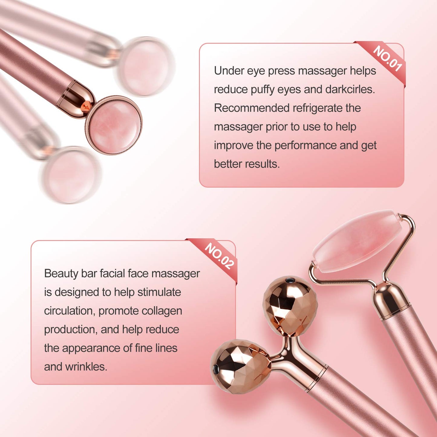 3-IN-1 Electric Jade Roller 3D Roller Facial Roller & Face Massager, Rose Quartz