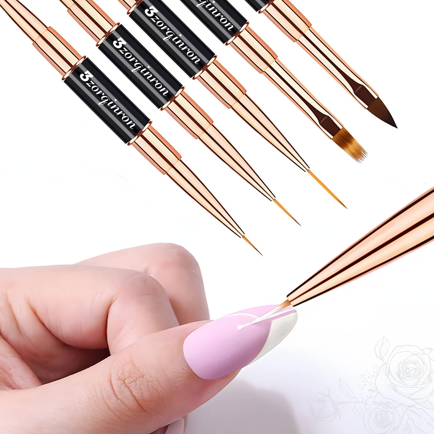 3zorqinron Nail Art Bushes Set, Professional 5Pcs Double-Ended Nail Brush Kit for Details, Long Lines, Ombre & 3D Design-Perfect for DIY Manicures &