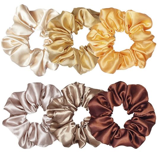 6 Pcs Satin Silk Scrunchies, Soft Hair Ties, Fashion Bands, Hair Bows, Ponytail Holders, Elastic Bracelets - Hair Accessories for Women and Girls (4.5 Inch, Yellow and Brown)