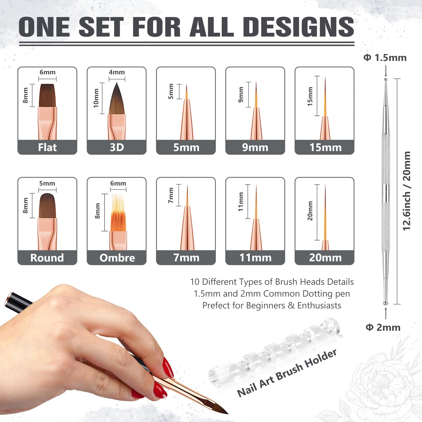 3zorqinron Nail Art Bushes Set, Professional 5Pcs Double-Ended Nail Brush Kit for Details, Long Lines, Ombre & 3D Design-Perfect for DIY Manicures &