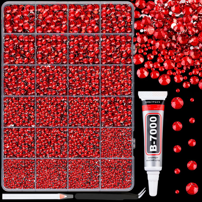 25000Pcs Resin Rhinestones for Crafting, Red 2-6mm Mixed Sizes Non Hotfix Flatback Gems with 1Pcs Glue, Bedazzling Crystal for DIY Craft Clothing Mugs Tumblers Shoes Fabric Decor Nail Art