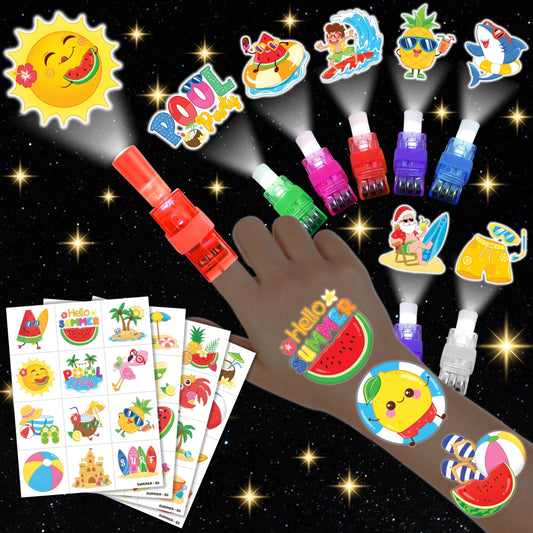 72 PCS Summer Party Favors – 48 PCS Luminous Tattoos & 24 PCS LED Finger Lights Combo – Birthday Goodie Bag Fillers, Party Supplies, Gifts Light Up Toys Glow In The Dark for Boys and Girls