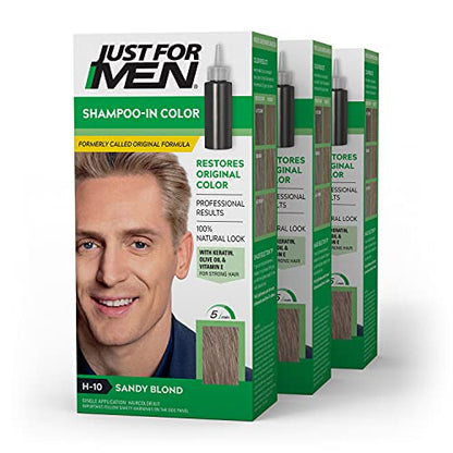 Just For Men Coloración para Cabello en Shampoo, Color de Cabello para Hombres con Queratina y Vitamina E - Rubio Arenoso, H-10, Paquete de 3 - imagen 3