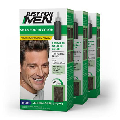 Champú Just For Men Color, Tinte para Cabello Masculino con Queratina y Vitamina E, Restaura el Color Natural, Marrón Medio Oscuro, H-40, Paquete de 3 - imagen 4