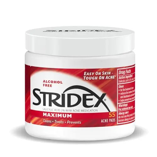Pads Medicados para Acné Stridex, Máximo, 55 Piezas – Toallitas Limpiadoras Faciales, Sin Alcohol, Tratamiento para Acné Moderado, Aplicación Suave - imagen 1