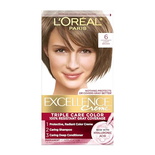 Tinte para Cabello Permanente L'Oreal Paris Excellence Crème, Color 6 Castaño Claro, Cobertura 100% de Canas, Cuidado Triple con Ácido Hialurónico, 1 - imagen 1
