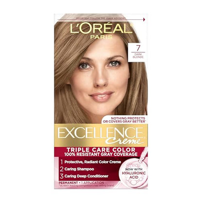L'Oreal Paris Excellence Crème Tinte para Cabello Permanente, Color 7 Rubio Oscuro, Cobertura 100% de Canas, Cuidado Triple con Ácido Hialurónico, 1 - imagen 2