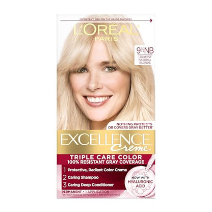 L'Oreal Paris Excellence Crème Tinte para Cabello Permanente, Color 9.5NB Rubia Natural Más Clara, Cobertura 100% de Canas, 1 Kit - imagen 1