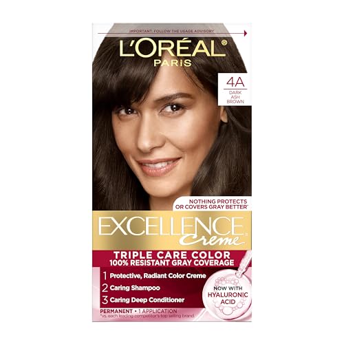 L'Oreal Paris Excellence Crème Permanent Hair Dye, Triple Care Hair Color with Hyaluronic Acid for 100% Gray Coverage, 4A Dark Ash Brown, 1 Kit (Packa - imagen 1