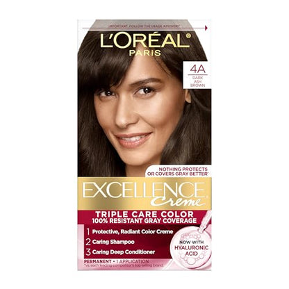 L'Oreal Paris Excellence Crème Permanent Hair Dye, Triple Care Hair Color with Hyaluronic Acid for 100% Gray Coverage, 4A Dark Ash Brown, 1 Kit (Packa - imagen 1