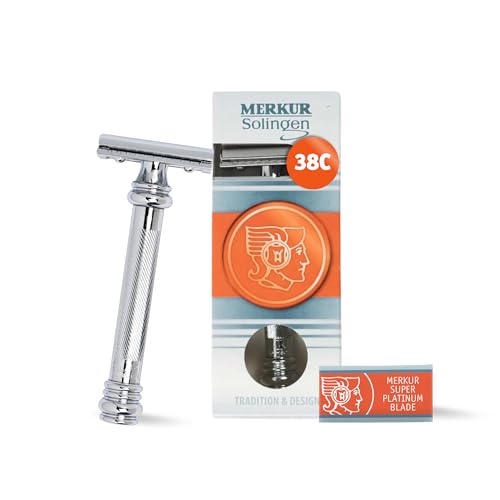 MERKUR 38C Double Edge Safety Razor - Bright Chrome, Extra Large Barber Pole Grip Brass Handle, Made in Germany, Plastic-Free, Two Piece Design, Close - imagen 3