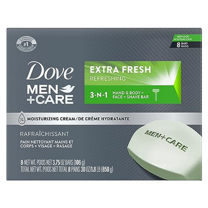 DOVE MEN + CARE Jabón Limpiador 3 en 1 para Cuerpo, Cara y Afeitado Extra Fresco, Hidratante, 3.75 Onzas (Paquete de 8) - imagen 1