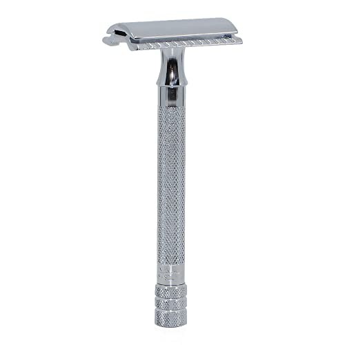 Razor de Seguridad MERKUR 23C de Doble Filo - Cromo Pulido, Mango Largo de Latón Texturizado, Hecho en Alemania, Diseño de Tres Piezas, Peine Cerrado - imagen 3