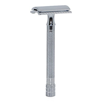 Razor de Seguridad MERKUR 23C de Doble Filo - Cromo Pulido, Mango Largo de Latón Texturizado, Hecho en Alemania, Diseño de Tres Piezas, Peine Cerrado - imagen 4