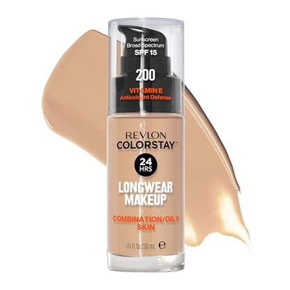 Base líquida Revlon ColorStay para piel mixta y grasa, SPF 15, cobertura media-alta con acabado mate, 200 Nude, 1 oz - imagen 1