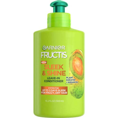 Crema Acondicionadora Sin Enjuague Garnier Fructis Sleek & Shine para Cabello Frizado y Seco, con Queratina Vegetal y Aceite de Argán, 10.2 Fl Oz - imagen 3