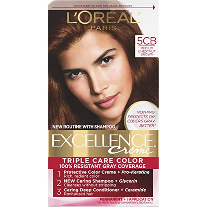 L'Oreal Paris Excellence Creme Permanent Triple Care Hair Color, 5CB Medium Chestnut Brown, Gray Coverage For Up to 8 Weeks, All Hair Types, Pack of 1 - imagen 1