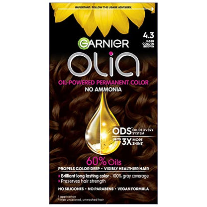 Tinte para el cabello Garnier Olia sin amoníaco, color permanente rico en aceite, 4.3 Marrón Dorado Oscuro, 1 unidad (el empaque puede variar) - imagen 3