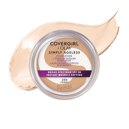 COVERGIRL Simply Ageless Base de Maquillaje Defensora de Arrugas Instantánea, SPF 28, Complejo de Ácido Hialurónico y Vitamina C - 205 Marfil, - imagen 1