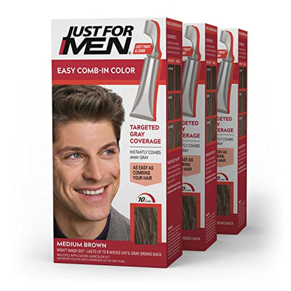 Just For Men Tinte para Cabello para Hombres, Aplicación Fácil sin Mezcla con Aplicador de Peine - Marrón Medio, A-35, Paquete de 3 - imagen 2