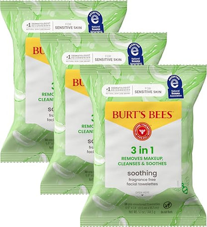 Toallitas Faciales Burt's Bees con Aloe Vera, para Piel Sensible, Desmaquillante Suave, 30 Ct. (Paquete de 3) - imagen 1