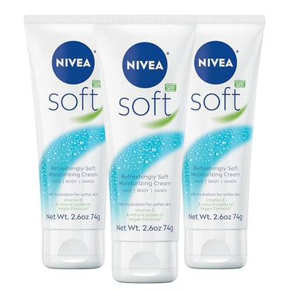 Crema Hidratante NIVEA Soft, Hidratante Ligero para Cara, Cuerpo y Manos, Enriquecida con Aceite de Jojoba y Vitamina E, 2.6 Oz, Paquete de 3 - imagen 3