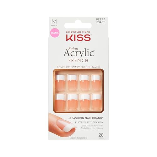 KISS Uñas Postizas Acrílicas French Tip, Tamaño Mediano, Forma Cuadrada, 28 Uñas Falsas, Pegamento para Uñas Rosa (2g), 1 Palito de Manicura, 1 Lima - imagen 3