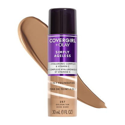COVERGIRL & Olay Simply Ageless Base Líquida 3 en 1, Acabado Mate, Fórmula con Ácido Hialurónico y Vitamina C, 257 Bronceado Dorado, 1 Unidad - imagen 1