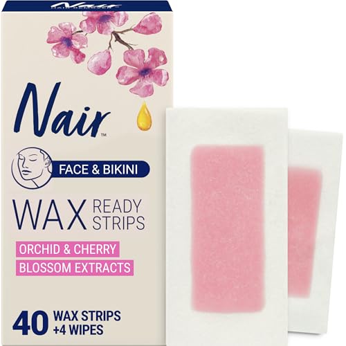 Ceras depilatorias Nair Ready Strips para rostro y bikini, con extractos de orquídea y flor de cerezo, 40 tiras y 4 toallitas post-depilación, - imagen 2