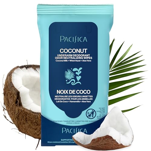 Toallitas desodorantes para axilas Pacifica de leche de coco y aceites esenciales para mujeres - Toallitas corporales naturales sin aluminio, - imagen 1
