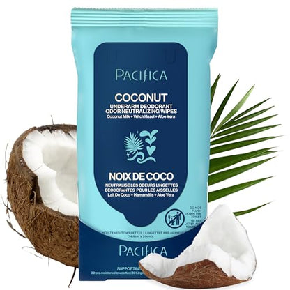 Toallitas desodorantes para axilas Pacifica de leche de coco y aceites esenciales para mujeres - Toallitas corporales naturales sin aluminio, - imagen 3