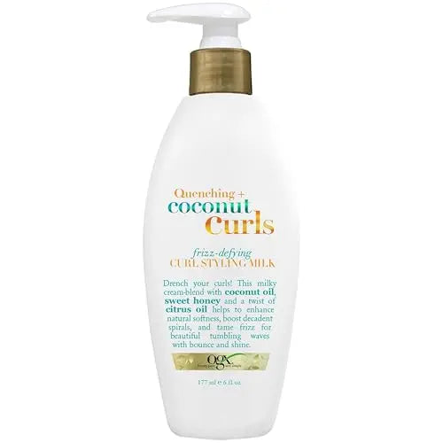OGX Quenching + Coconut Curls Leche para Peinar Antifrizz, Tratamiento Capilar Sin Enjuague con Coco, Aceite de Cítricos y Miel, 6 fl oz - imagen 1