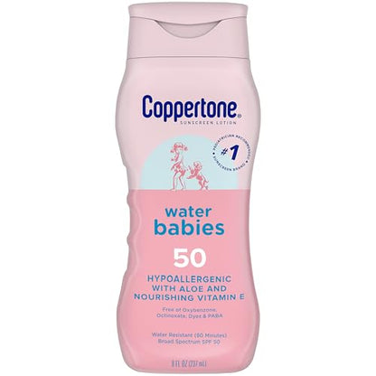 Loción Solar Coppertone WaterBabies para Bebés SPF 50, Protector Solar Hipoalergénico, Resistente al Agua, Recomendado por Pediatras, 8 Fl Oz - imagen 1