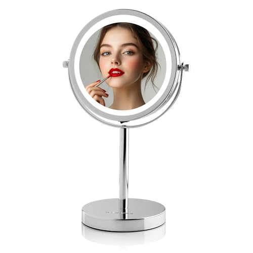 OVENTE 6" Lighted Makeup Mirror with 1X/7X Magnification, Cordless Tabletop Mount Vanity Round Mirror with 360° Swivel Design and Double Sided Cool To - imagen 2
