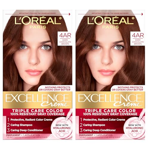 L'Oreal Paris Excellence Crème Permanent Hair Dye, Triple Care Hair Color with Hyaluronic Acid for 100% Gray Coverage, 4AR Dark Chocolate Brown, 1 Kit - imagen 1