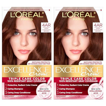 L'Oreal Paris Excellence Crème Tinte para Cabello Permanente, Color 4AR Marrón Chocolate Oscuro, Cobertura 100% Canas, 1 Kit (Paquete de 2) - imagen 1