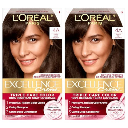 L'Oreal Paris Excellence Crème Tinte Permanente para Cabello, Color 4A Castaño Oscuro Ceniza, Cobertura 100% de Canas, 1 Kit (Paquete de 2) - imagen 1
