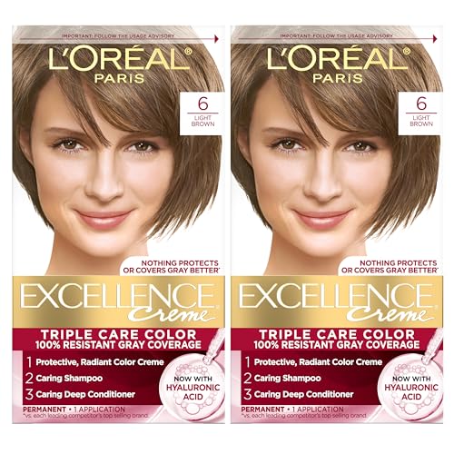 Tinte para Cabello Permanente L'Oreal Paris Excellence Crème, Color 6 Marrón Claro, Cobertura 100% Canas, Cuidado Triple con Ácido Hialurónico, 1 Kit - imagen 1