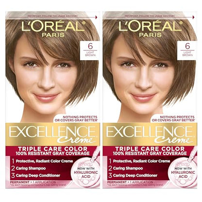 Tinte para Cabello Permanente L'Oreal Paris Excellence Crème, Color 6 Marrón Claro, Cobertura 100% Canas, Cuidado Triple con Ácido Hialurónico, 1 Kit - imagen 4