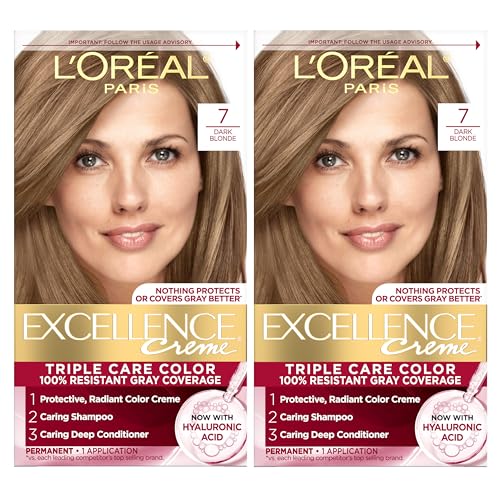 L'Oreal Paris Excellence Crème Permanent Hair Dye, Triple Care Hair Color with Hyaluronic Acid for 100% Gray Coverage, 7 Dark Blonde, 1 Kit (Pack of 2 - imagen 1