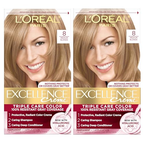 L'Oreal Paris Excellence Crème Tinte para Cabello Permanente, Color 8 Rubio Medio, Cobertura 100% Canas, Cuidado Triple con Ácido Hialurónico, 1 Kit - imagen 3