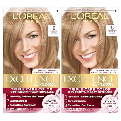 L'Oreal Paris Excellence Crème Tinte para Cabello Permanente, Color 8 Rubio Medio, Cobertura 100% Canas, Cuidado Triple con Ácido Hialurónico, 1 Kit - imagen 4
