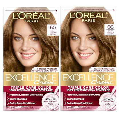 L'Oreal Paris Excellence Crème Tinte Permanente para Cabello, Color 6G Marrón Dorado Claro, Cobertura 100% de Canas, Kit de 1 (Paquete de 2) - imagen 1