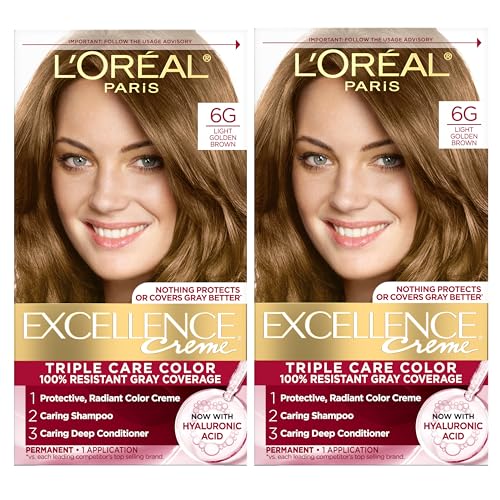 L'Oreal Paris Excellence Crème Tinte Permanente para Cabello, Color 6G Marrón Dorado Claro, Cobertura 100% de Canas, Kit de 1 (Paquete de 2) - imagen 3