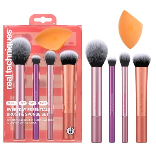 Set de Brochas de Maquillaje Esenciales Real Techniques de 5 Piezas, Incluye 4 Brochas y Esponja, Para Base, Rubor, Bronceador, Contorno, Sombra y - imagen 3