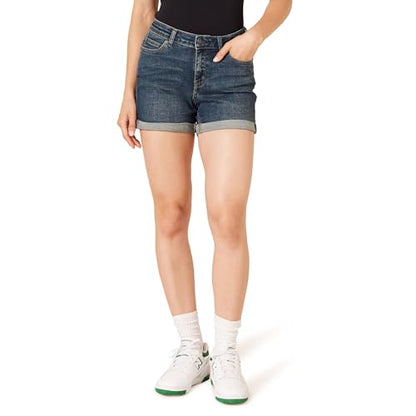 Shorts de mezclilla ajustados de 4 para mujer Essentials, de tiro medio y stretch, color oscuro, talla 6 - imagen 4