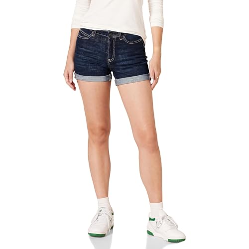 Shorts de mezclilla ajustados de tiro medio para mujer Essentials, 4 de largo, lavado oscuro, talla 6 - imagen 3