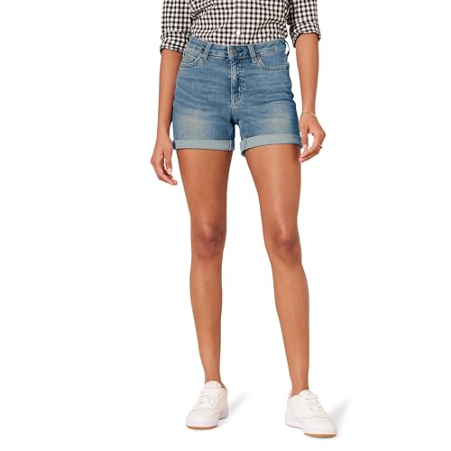 Shorts de mezclilla ajustados de tiro medio para mujer Essentials, 4, lavado medio, talla 16 - imagen 1